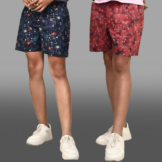 Pack Of 2 Dark Blue And Maroon Mens Printed Shorts Combo