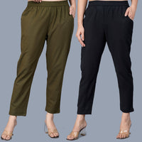 Pack Of 2 Womens Regular Fit Dark Green And Black Fully Elastic Waistband Cotton Trouser