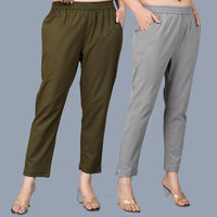 Pack Of 2 Womens Regular Fit Dark Green And Grey Fully Elastic Waistband Cotton Trouser