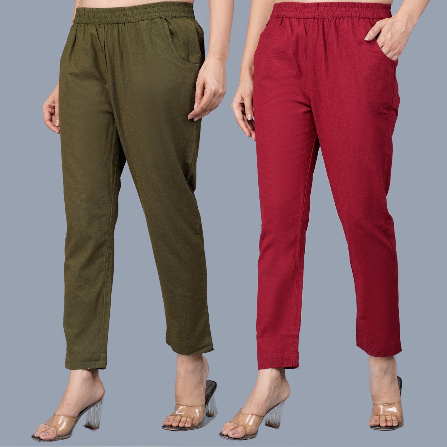 Pack Of 2 Womens Regular Fit Dark Green And Maroon Fully Elastic Waistband Cotton Trouser