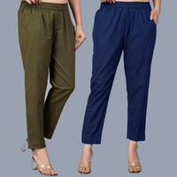 Pack Of 2 Womens Regular Fit Dark Green And Navy Blue Fully Elastic Waistband Cotton Trouser