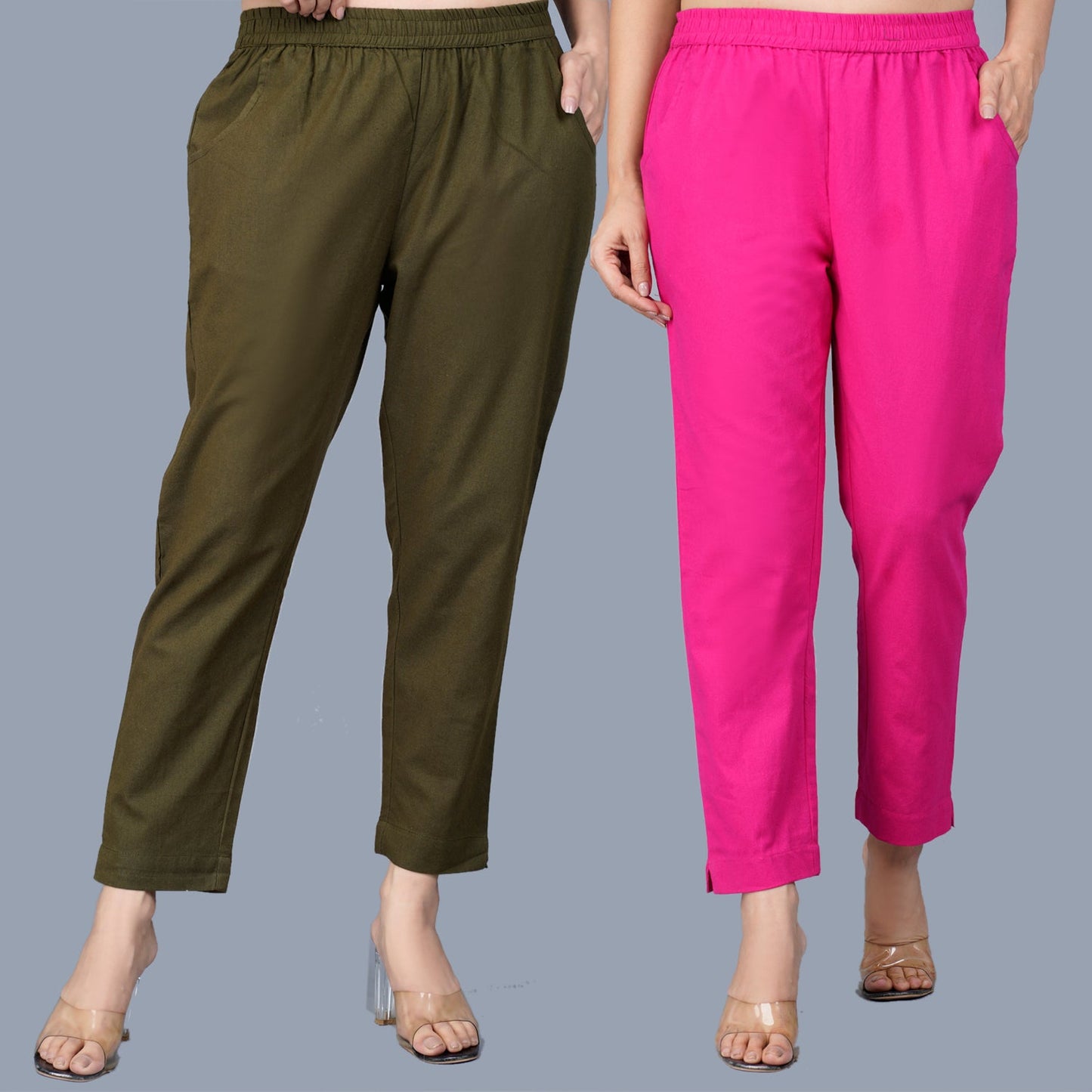 Pack Of 2 Womens Regular Fit Dark Green And Rani Fully Elastic Waistband Cotton Trouser