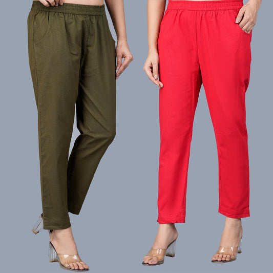 Pack Of 2 Womens Regular Fit Dark Green And Red Fully Elastic Waistband Cotton Trouser