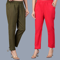 Pack Of 2 Womens Regular Fit Dark Green And Red Fully Elastic Waistband Cotton Trouser