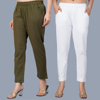 Pack Of 2 Womens Regular Fit Dark Green And White Fully Elastic Waistband Cotton Trouser