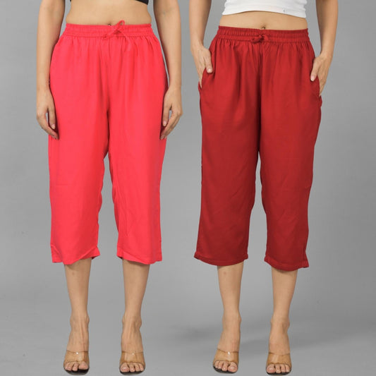 Pack Of 2 Womens Gajri And Maroon Calf Length Rayon Culottes Trouser Combo