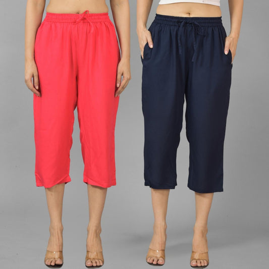 Pack Of 2 Womens Gajri And Navy Blue Calf Length Rayon Culottes Trouser Combo