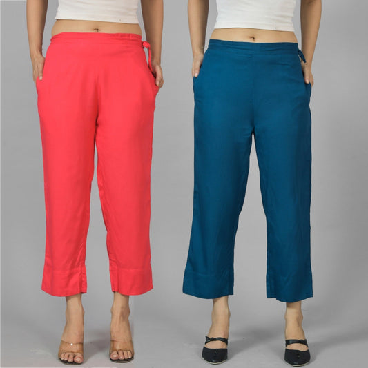 Pack Of 2 Womens Gajri And Teal Blue Ankle Length Rayon Culottes Trouser Combo