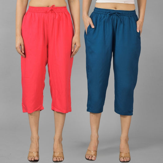 Pack Of 2 Womens Gajri And Teal Blue Calf Length Rayon Culottes Trouser Combo