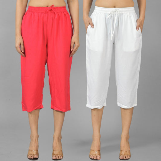 Pack Of 2 Womens Gajri And White Calf Length Rayon Culottes Trouser Combo