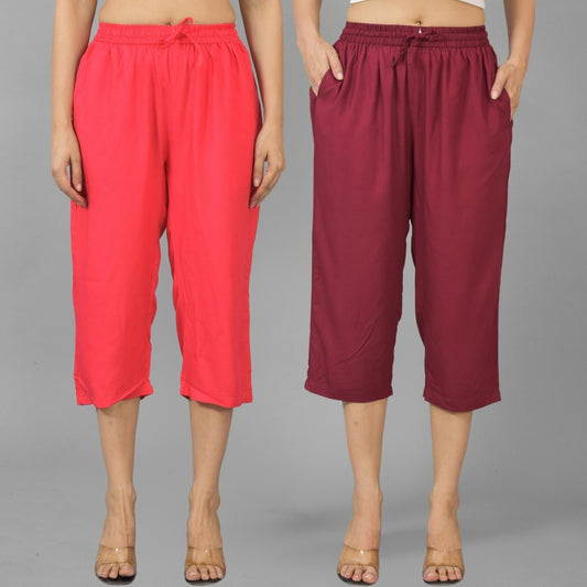 Pack Of 2 Womens Gajri And Wine Calf Length Rayon Culottes Trouser Combo