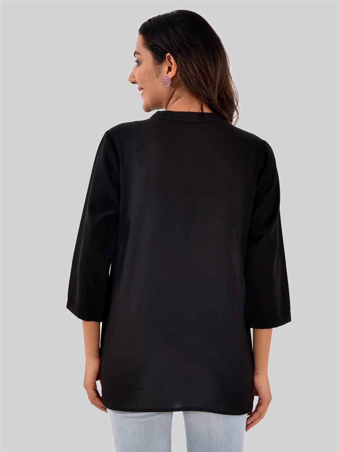 Womens Casual Three Fourth Sleeves Solid Black Cotton Tops