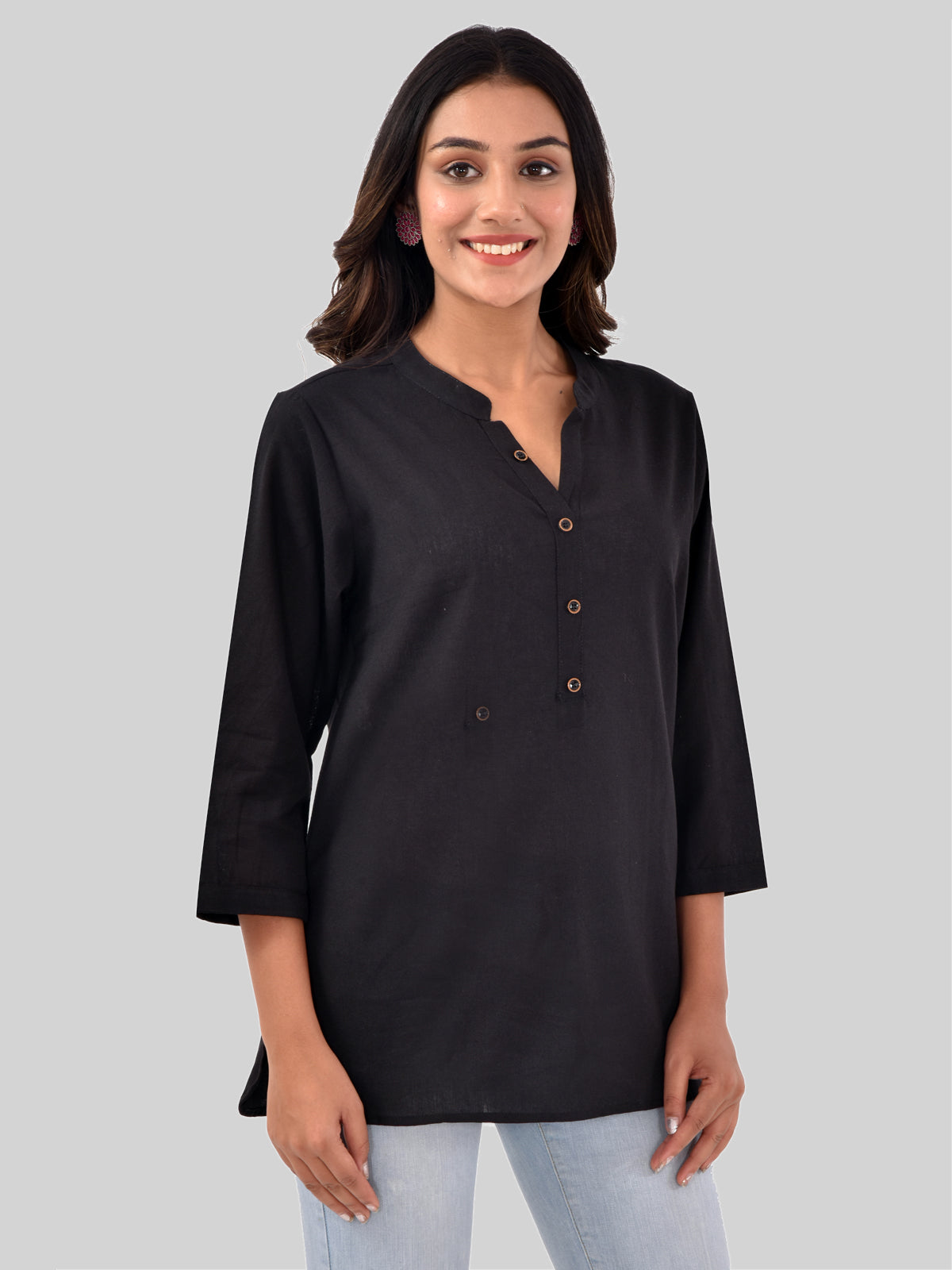 Womens Casual Three Fourth Sleeves Solid Black Cotton Tops
