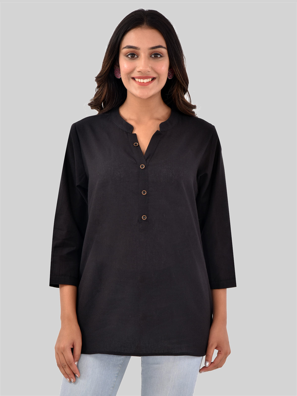 Womens Casual Three Fourth Sleeves Solid Black Cotton Tops