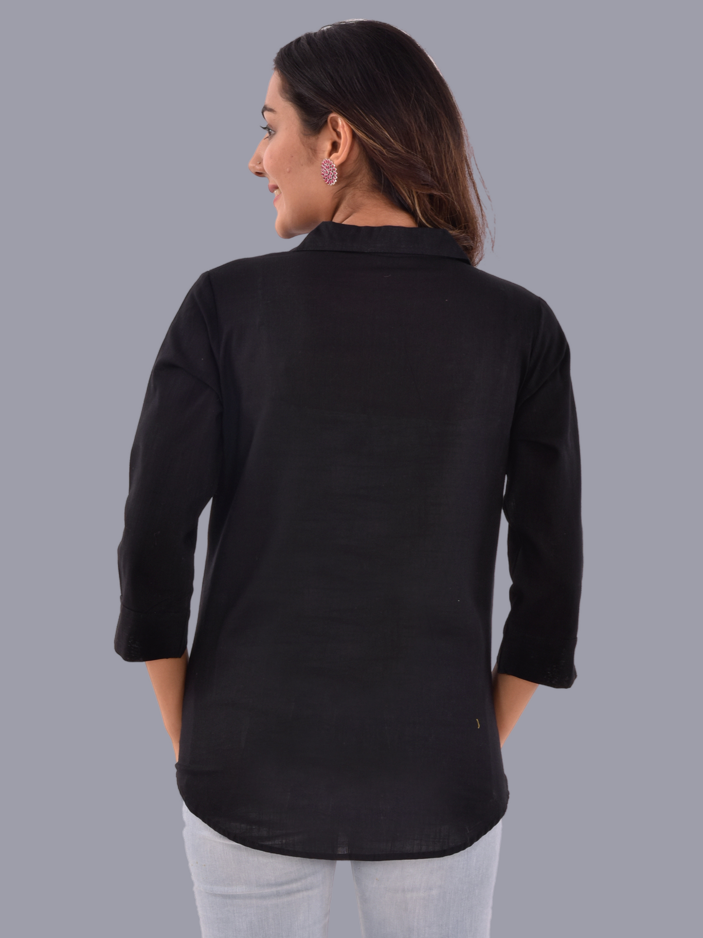 Womens Black 3/4 Sleeve Regular Fit Cotton Shirt