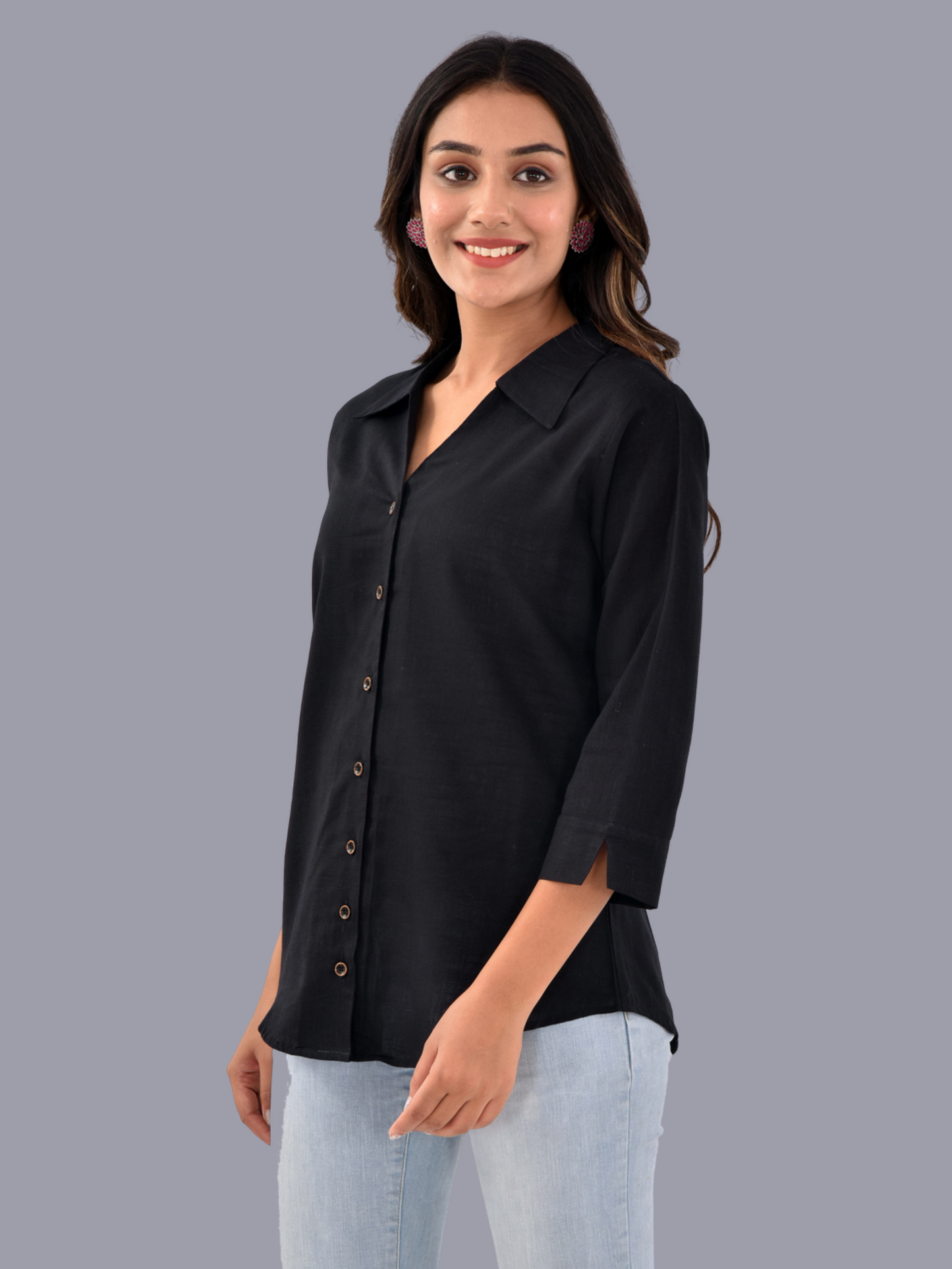 Womens Black 3/4 Sleeve Regular Fit Cotton Shirt