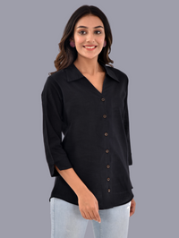 Womens Black 3/4 Sleeve Regular Fit Cotton Shirt