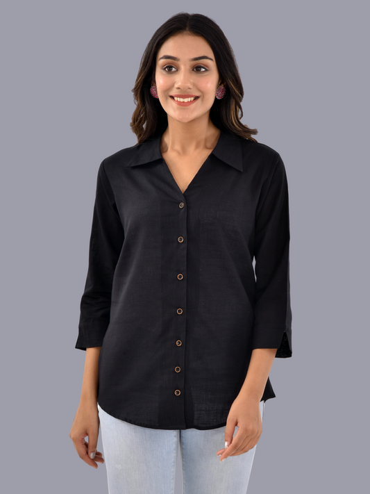 Womens Black 3/4 Sleeve Regular Fit Cotton Shirt