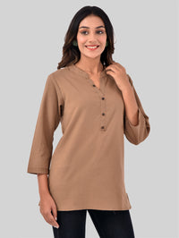 Womens Casual Three Fourth Sleeves Solid Brown Cotton Tops