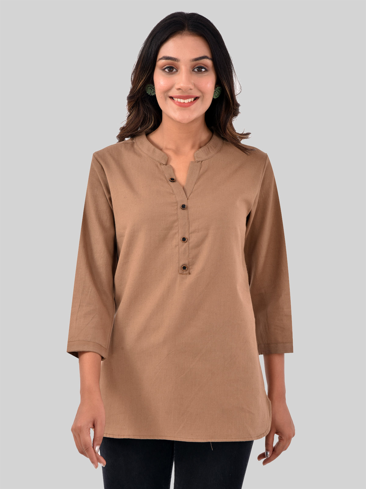 Womens Casual Three Fourth Sleeves Solid Brown Cotton Tops