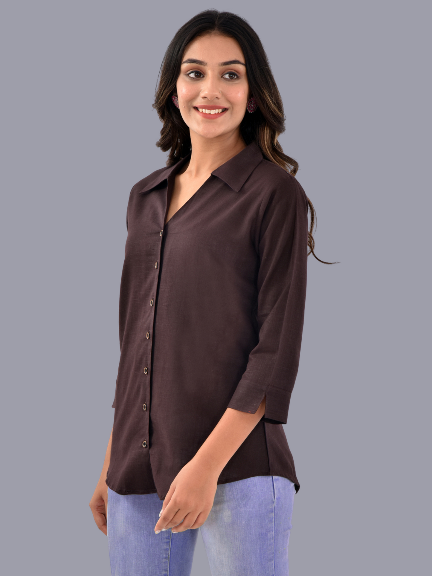 Womens Coffee 3/4 Sleeve Regular Fit Cotton Shirt