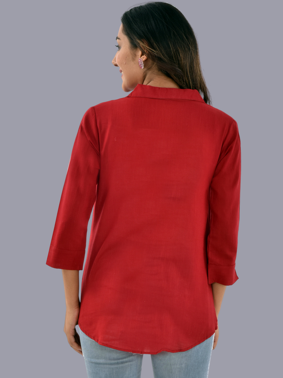 Womens Maroon 3/4 Sleeve Regular Fit Cotton Shirt