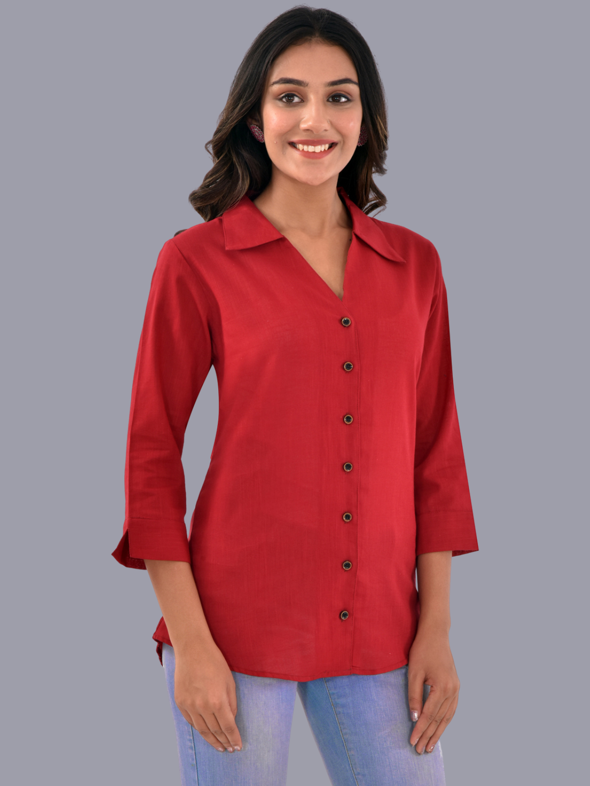 Womens Maroon 3/4 Sleeve Regular Fit Cotton Shirt