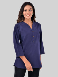 Womens Casual Three Fourth Sleeves Solid Navy Blue Cotton Tops