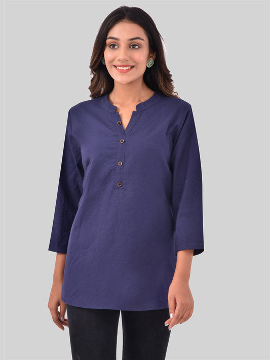 Womens Casual Three Fourth Sleeves Solid Navy Blue Cotton Tops
