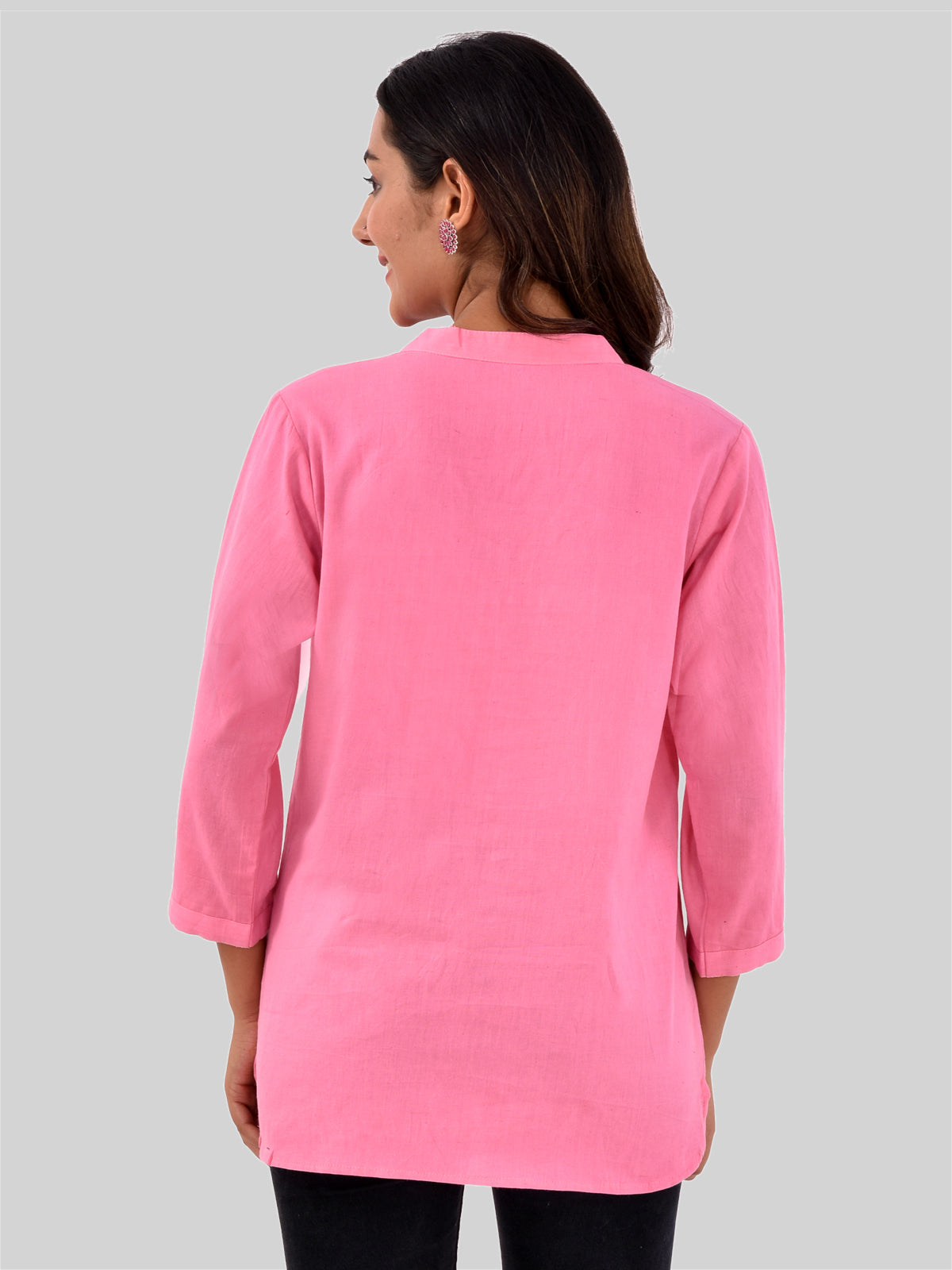 Womens Casual Three Fourth Sleeves Solid Pink Cotton Tops