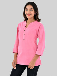 Womens Casual Three Fourth Sleeves Solid Pink Cotton Tops