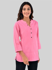 Womens Casual Three Fourth Sleeves Solid Pink Cotton Tops