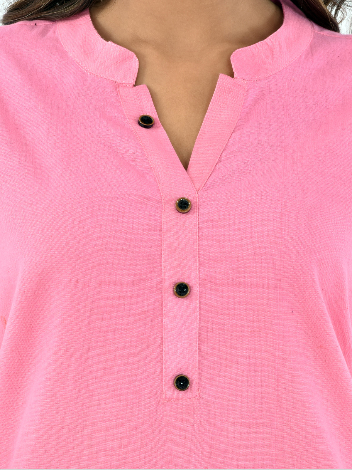 Womens Casual Three Fourth Sleeves Solid Pink Cotton Tops