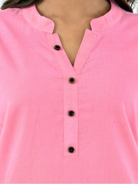 Womens Casual Three Fourth Sleeves Solid Pink Cotton Tops