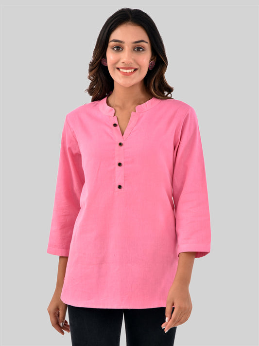 Womens Casual Three Fourth Sleeves Solid Pink Cotton Tops