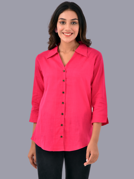 Womens Pink 3/4 Sleeve Regular Fit Cotton Shirt