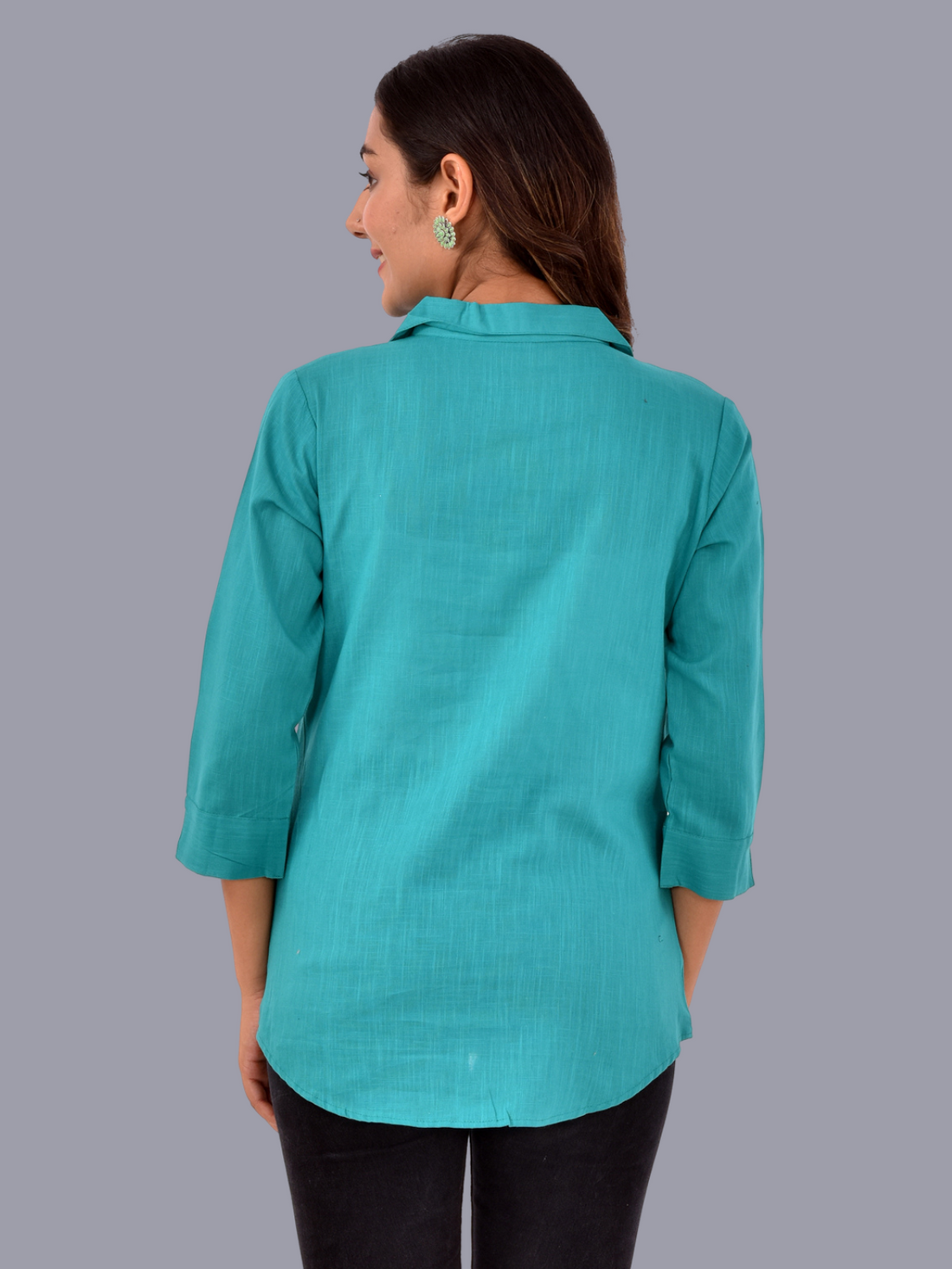 Womens Green 3/4 Sleeve Regular Fit Cotton Shirt