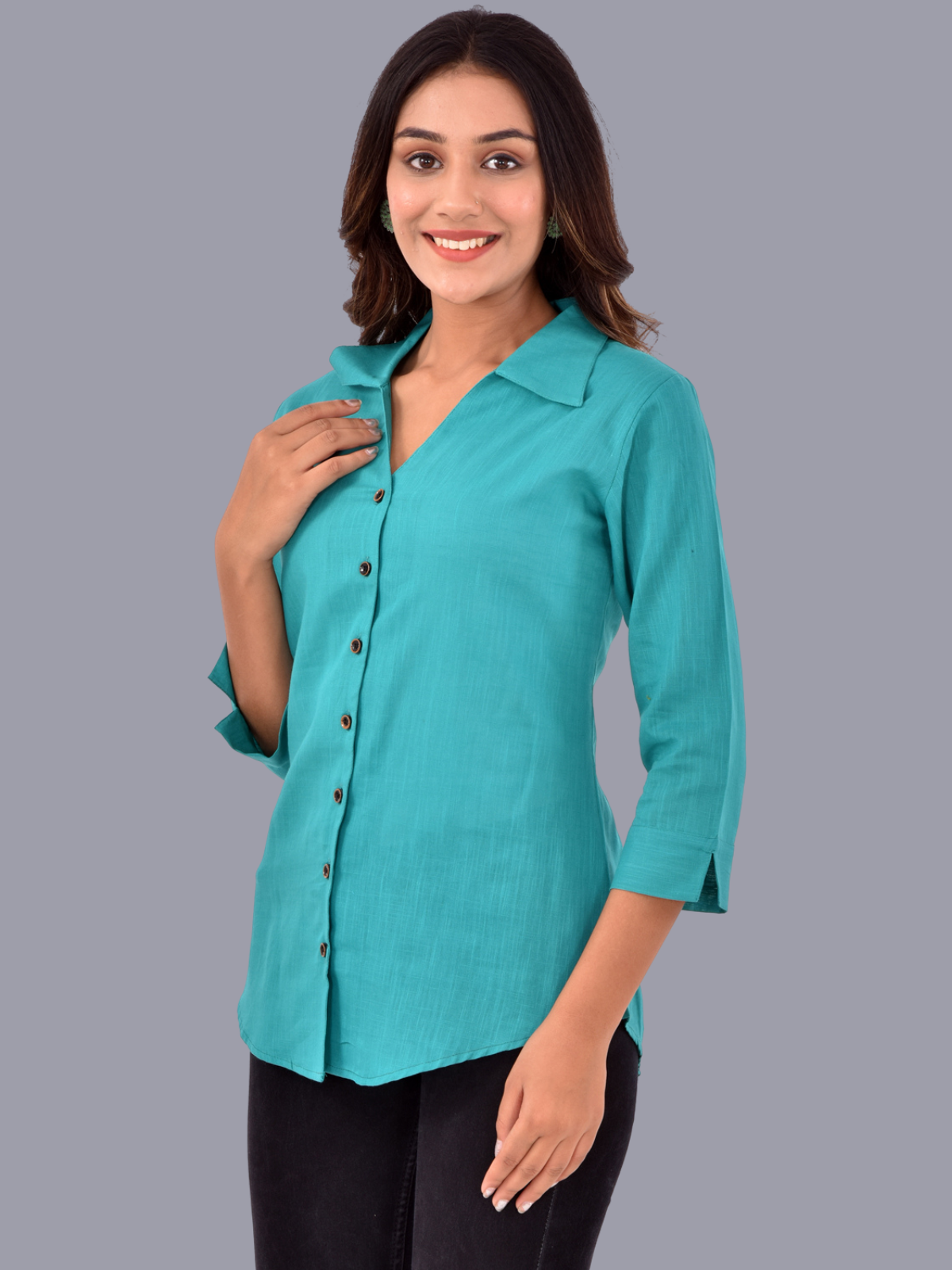 Womens Green 3/4 Sleeve Regular Fit Cotton Shirt
