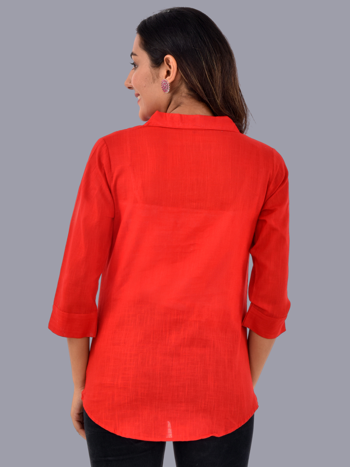 Womens Red 3/4 Sleeve Regular Fit Cotton Shirt