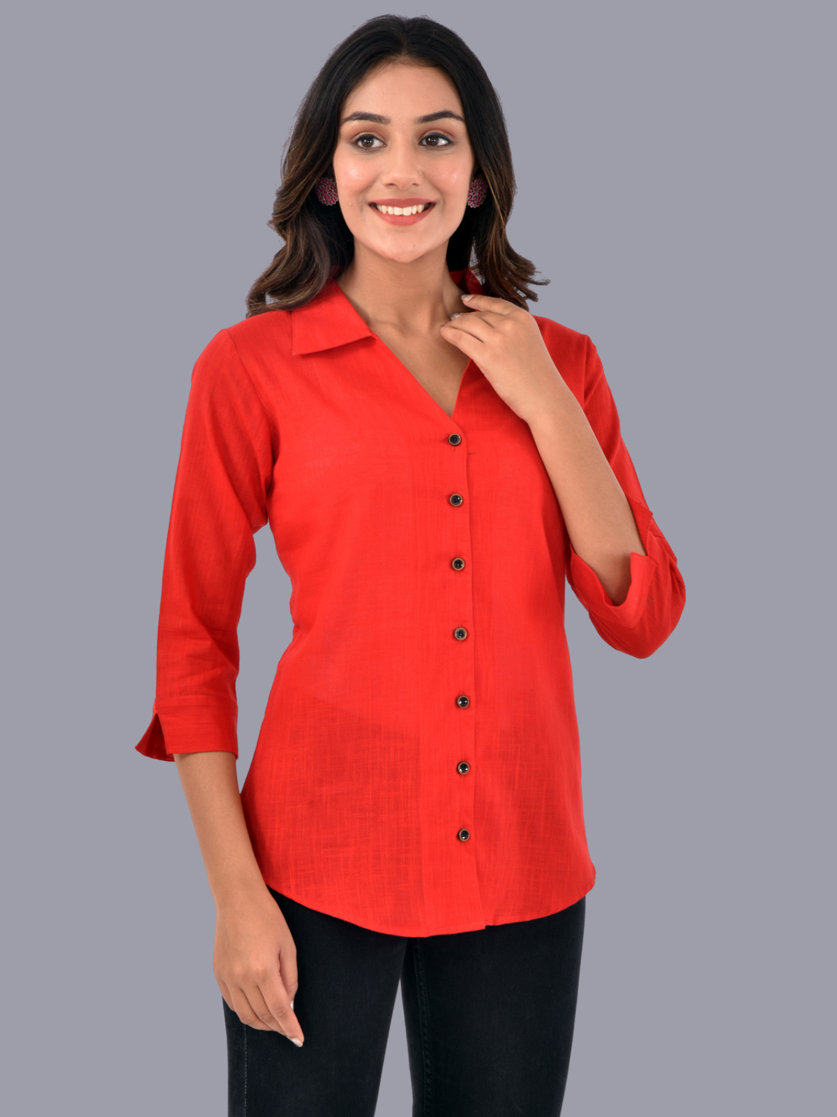 Womens Red 3/4 Sleeve Regular Fit Cotton Shirt