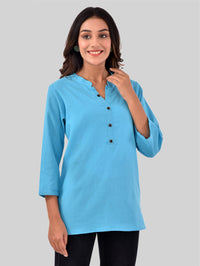 Womens Casual Three Fourth Sleeves Solid Turquoise Cotton Tops
