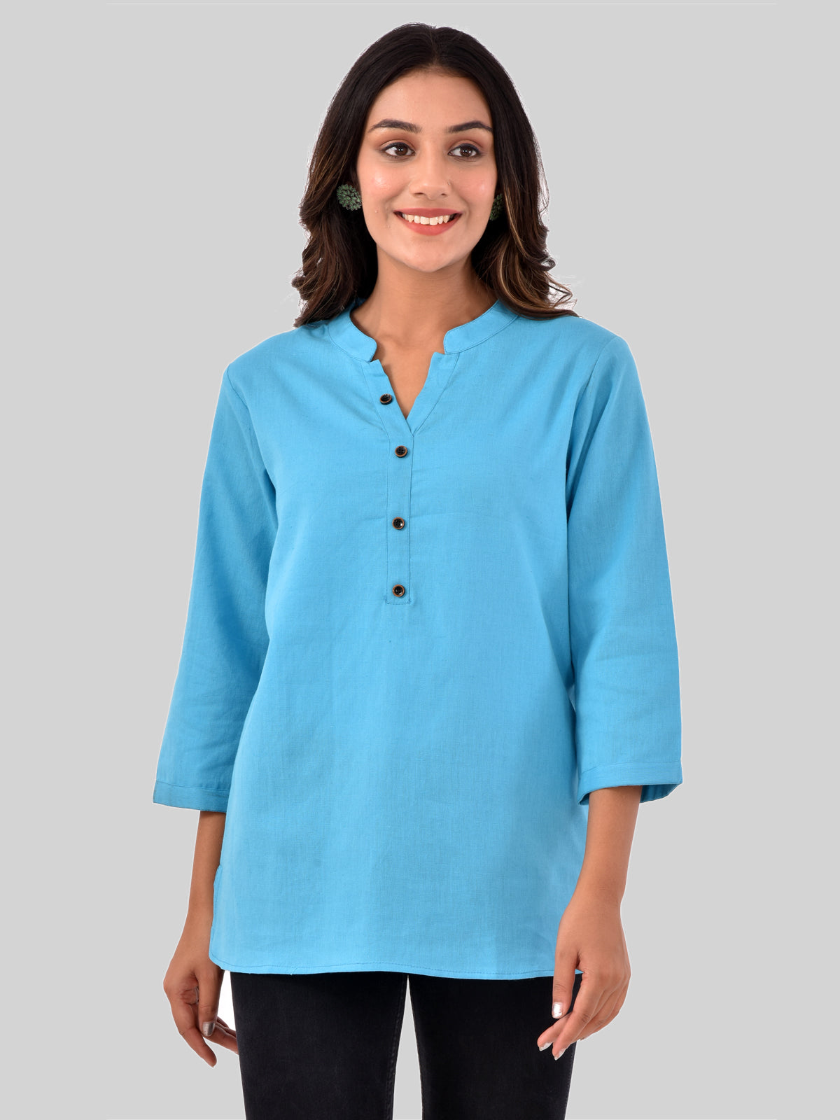 Womens Casual Three Fourth Sleeves Solid Turquoise Cotton Tops