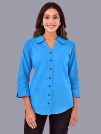 Womens Turquoise 3/4 Sleeve Regular Fit Cotton Shirt