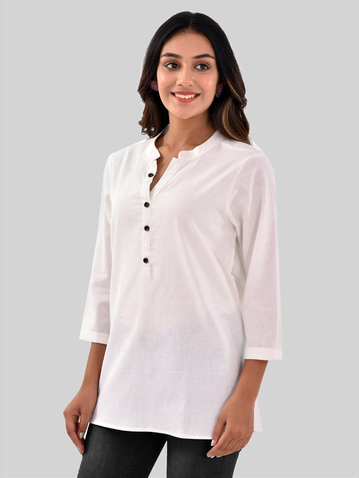 Womens Casual Three Fourth Sleeves Solid White Cotton Tops