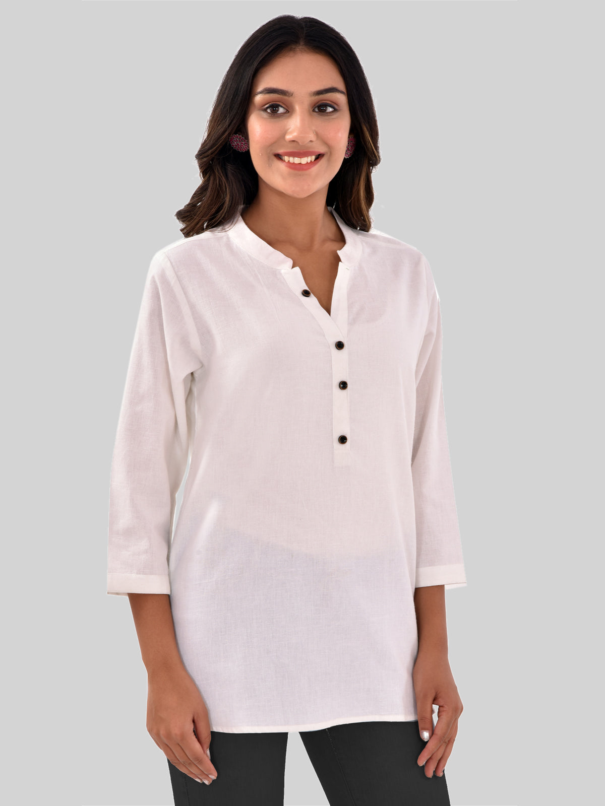 Womens Casual Three Fourth Sleeves Solid White Cotton Tops