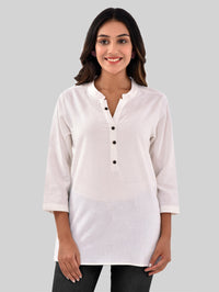 Womens Casual Three Fourth Sleeves Solid White Cotton Tops