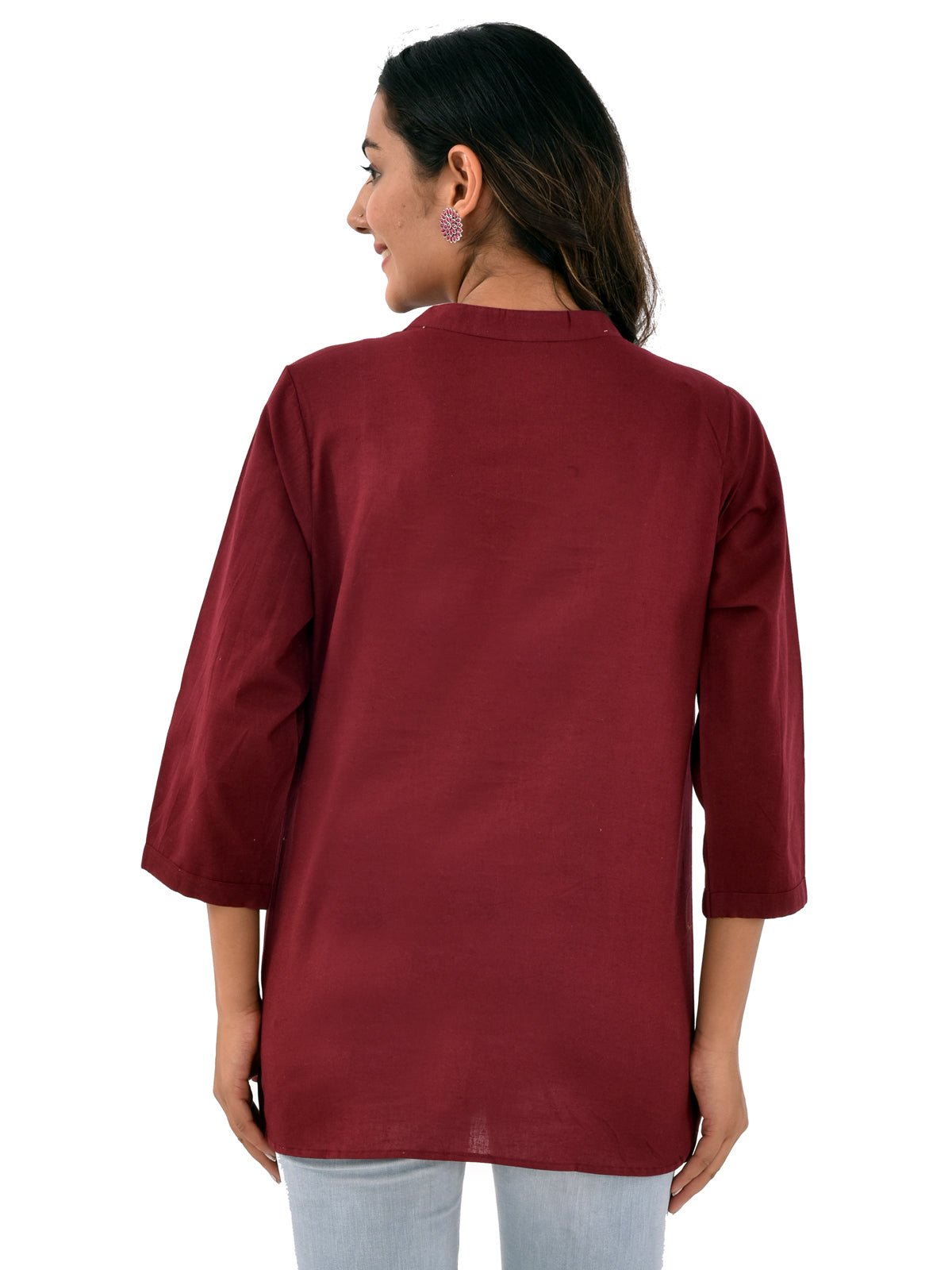 Womens Casual Three Fourth Sleeves Solid Wine Cotton Tops