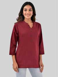 Womens Casual Three Fourth Sleeves Solid Wine Cotton Tops