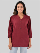 Womens Casual Three Fourth Sleeves Solid Wine Cotton Tops