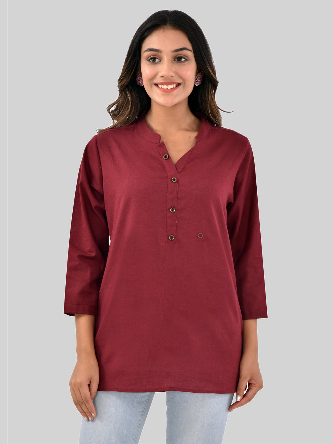 Pack Of 2 Womens Regular Fit Wine And Turquoise Three Fourth Sleeve Cotton Tops Combo